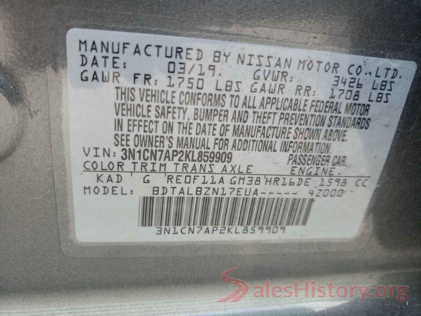 3N1CN7AP2KL859909 2019 NISSAN VERSA