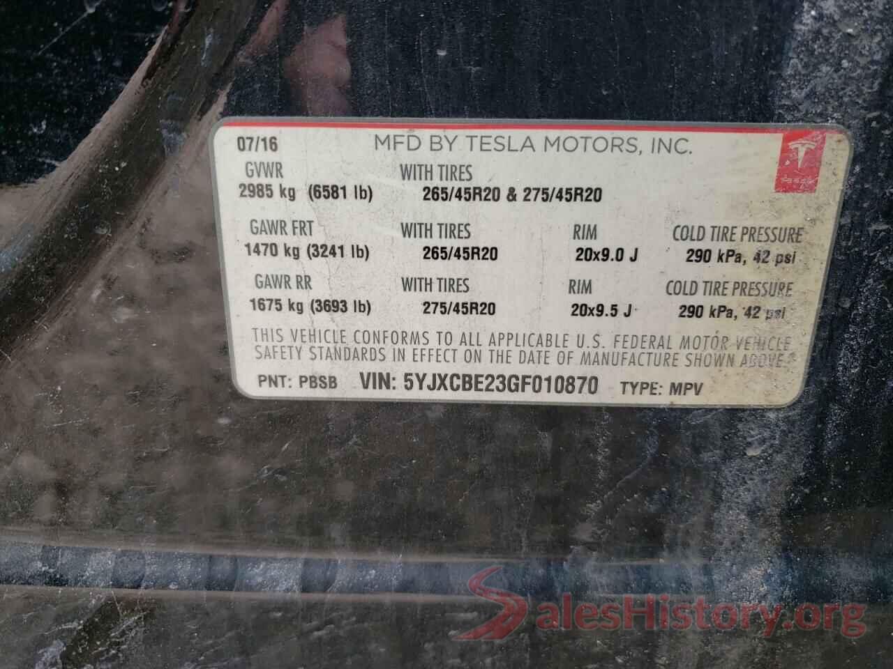 5YJXCBE23GF010870 2016 TESLA MODEL X