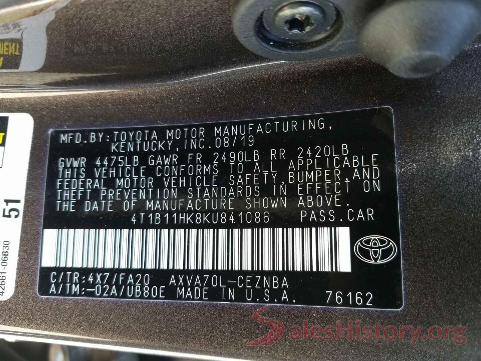 4T1B11HK8KU841086 2019 TOYOTA CAMRY