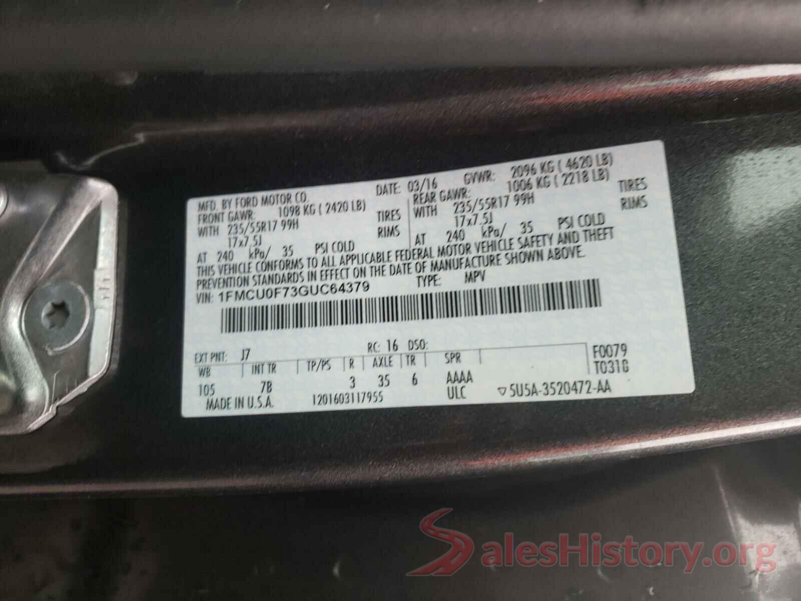 1FMCU0F73GUC64379 2016 FORD ESCAPE