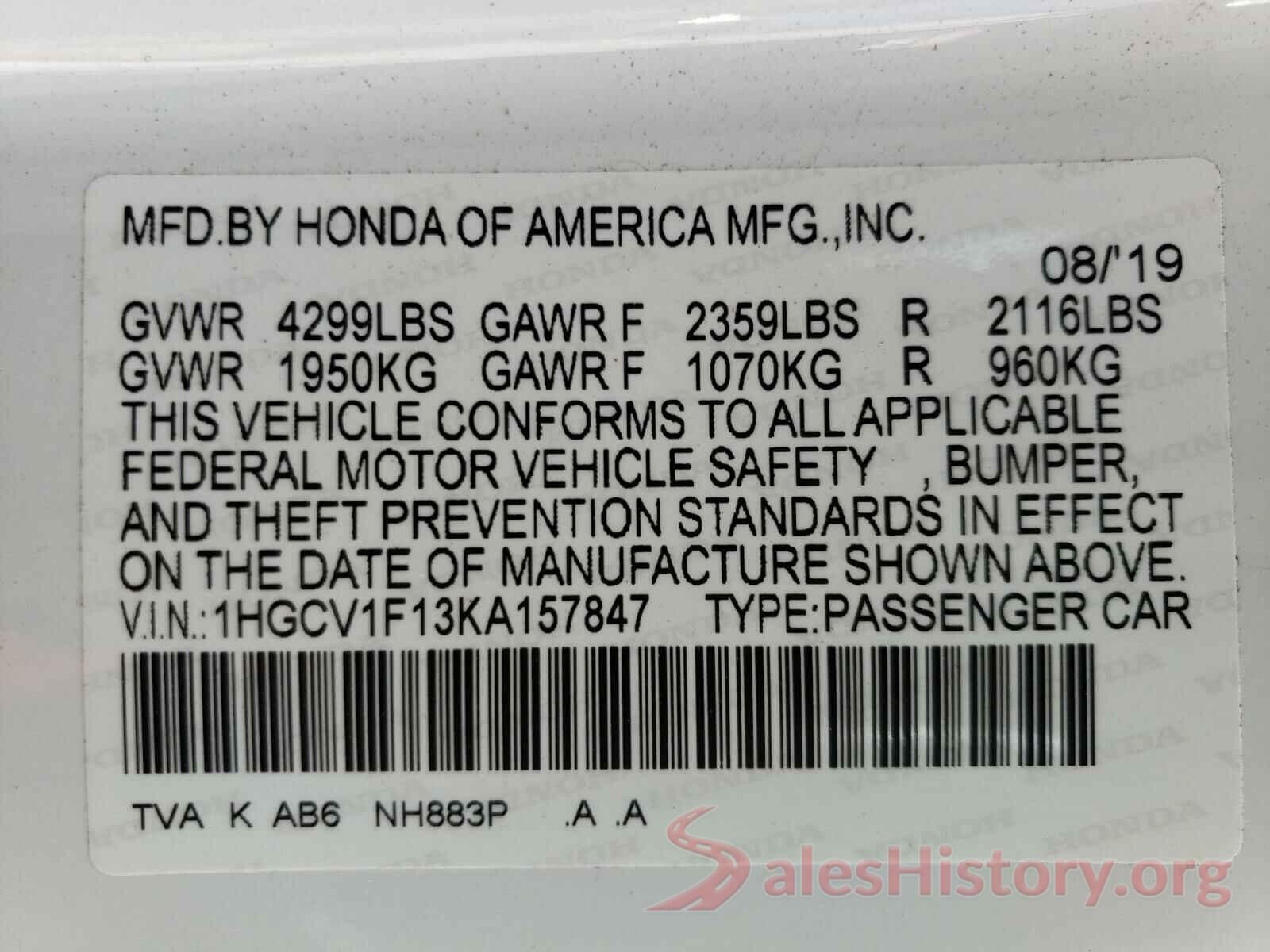 1HGCV1F13KA157847 2019 HONDA ACCORD