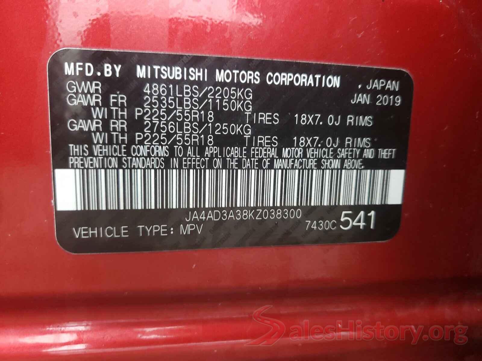 JA4AD3A38KZ038300 2019 MITSUBISHI OUTLANDER