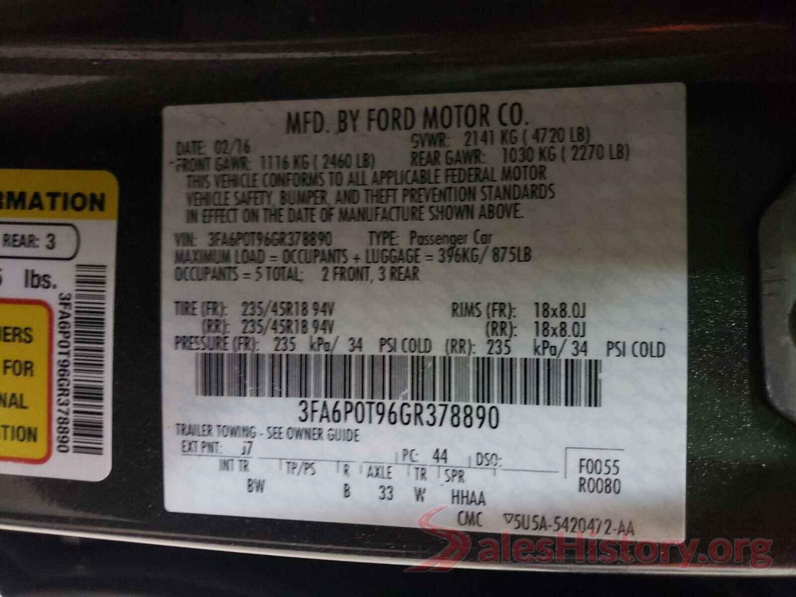 3FA6P0T96GR378890 2016 FORD FUSION