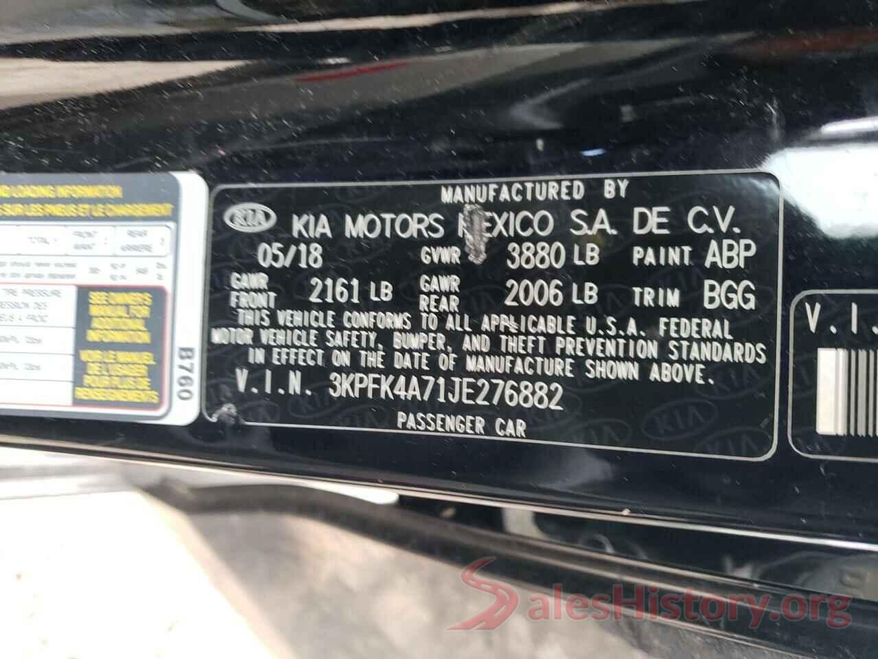 3KPFK4A71JE276882 2018 KIA FORTE