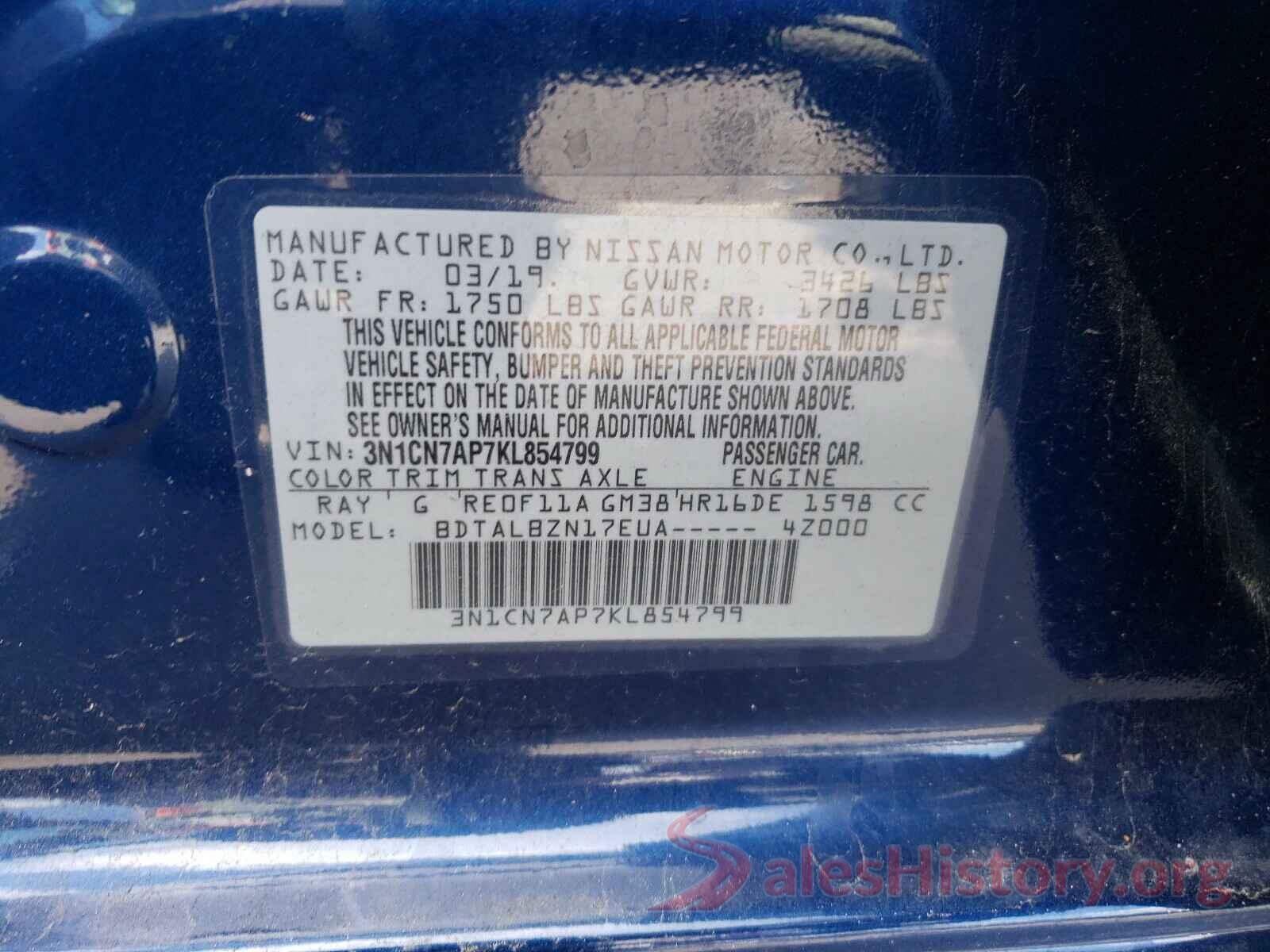 3N1CN7AP7KL854799 2019 NISSAN VERSA