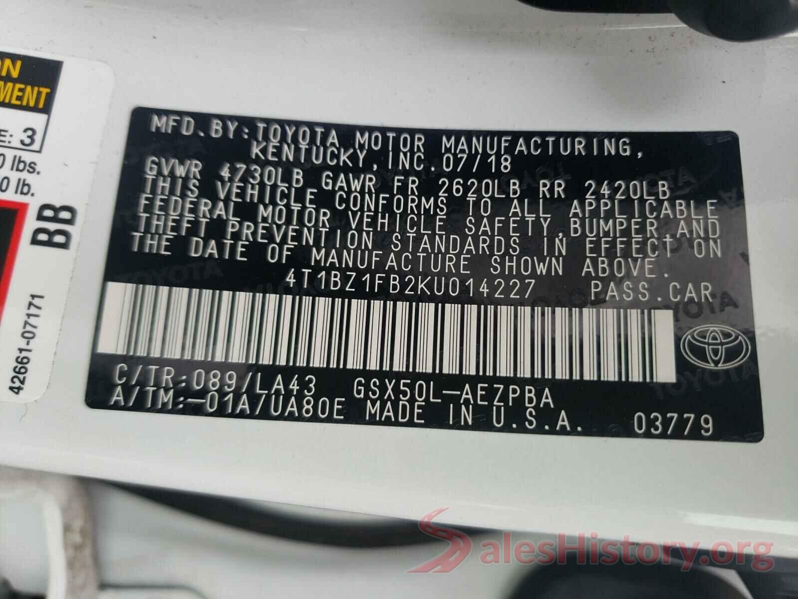 4T1BZ1FB2KU014227 2019 TOYOTA AVALON