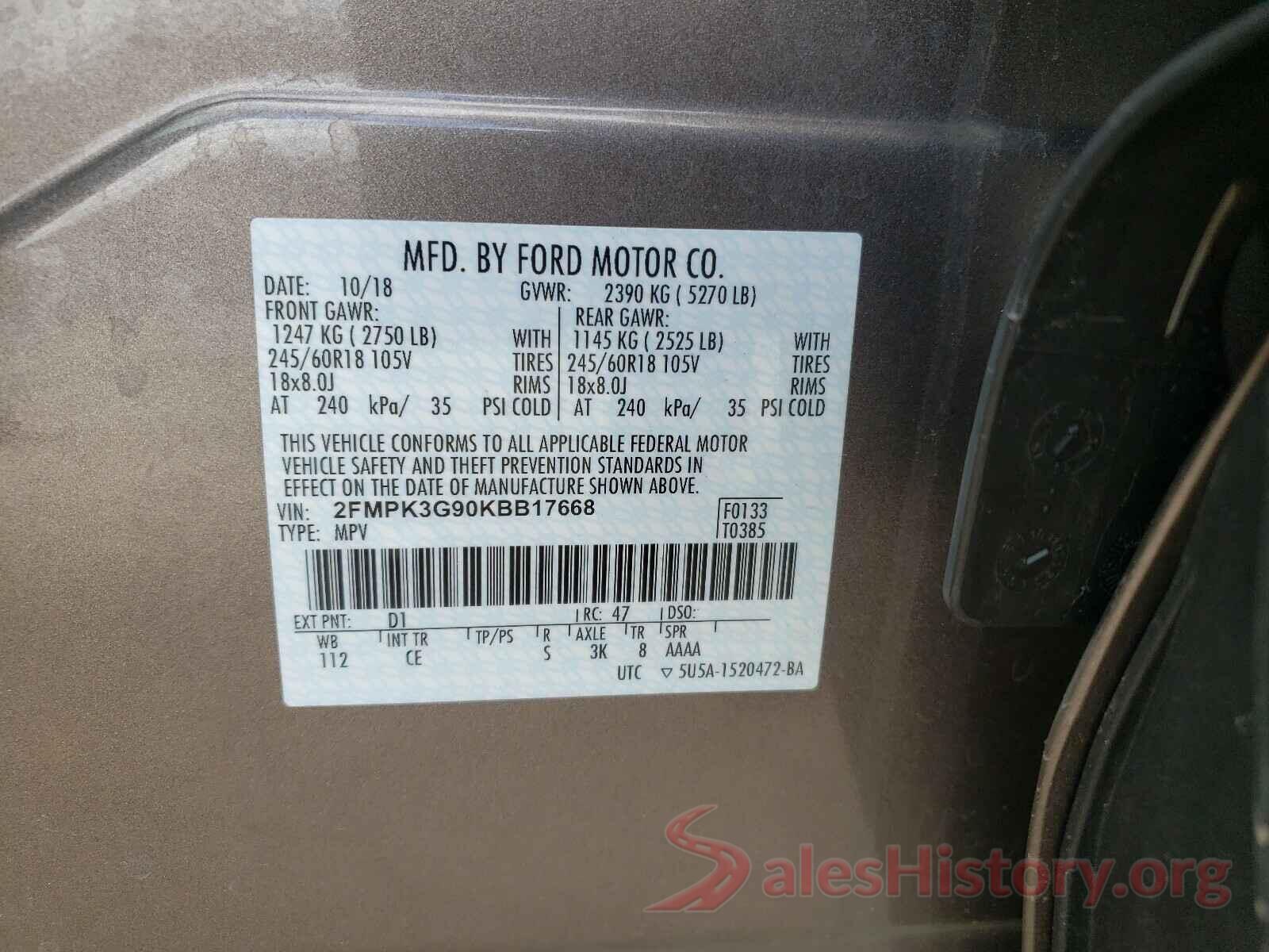 2FMPK3G90KBB17668 2019 FORD EDGE