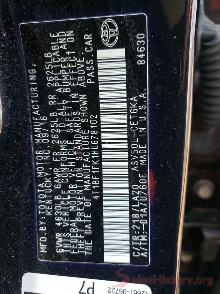 4T1BF1FK1HU678102 2017 TOYOTA CAMRY