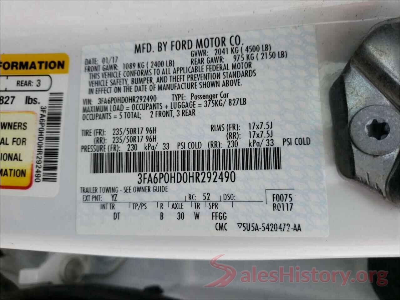 3FA6P0HD0HR292490 2017 FORD FUSION