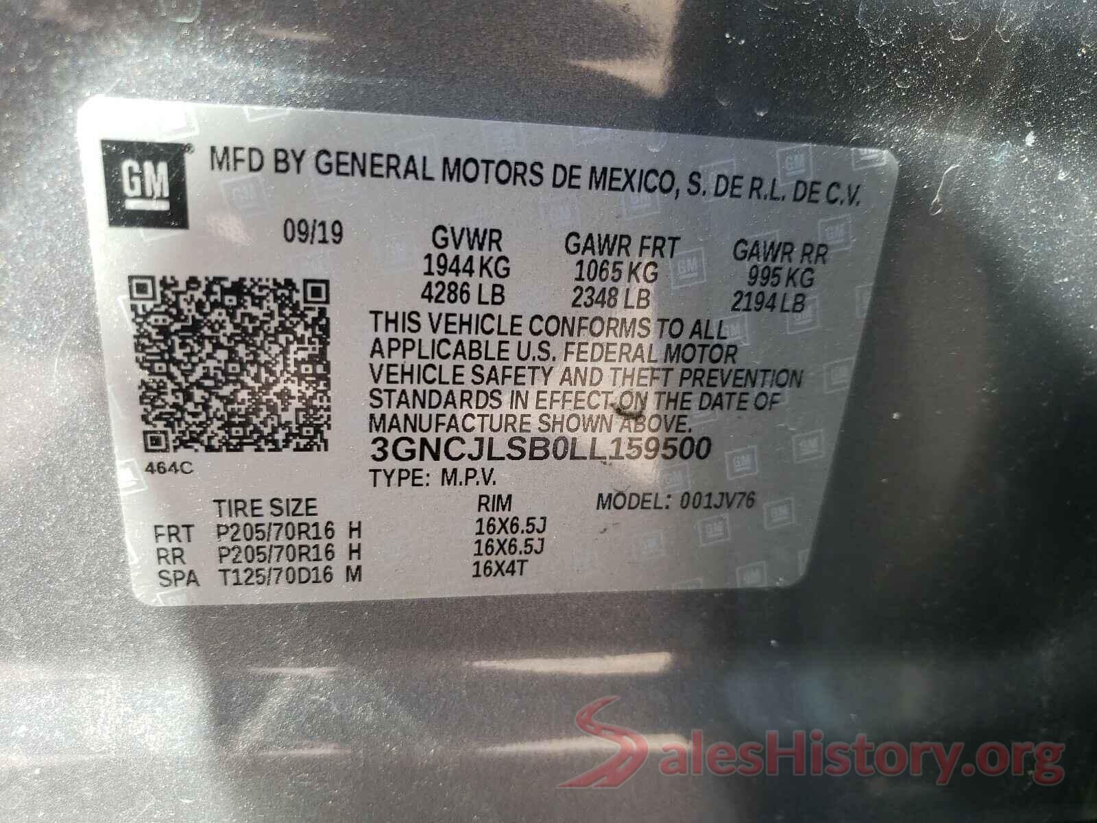 3GNCJLSB0LL159500 2020 CHEVROLET TRAX