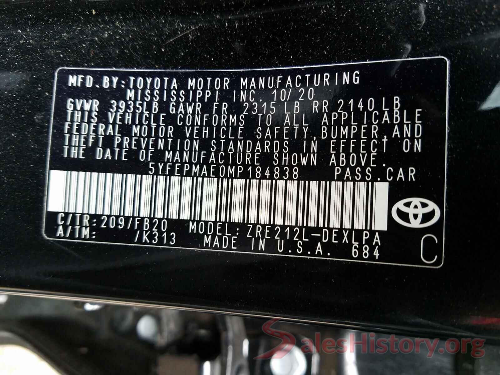 5YFEPMAE0MP184838 2021 TOYOTA COROLLA