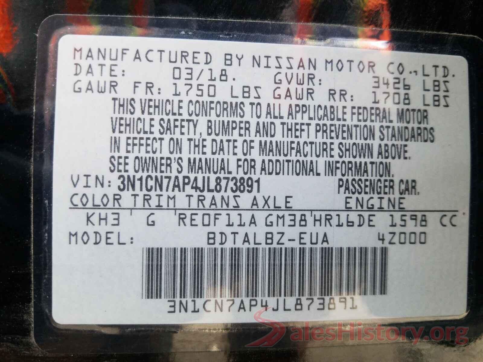 3N1CN7AP4JL873891 2018 NISSAN VERSA