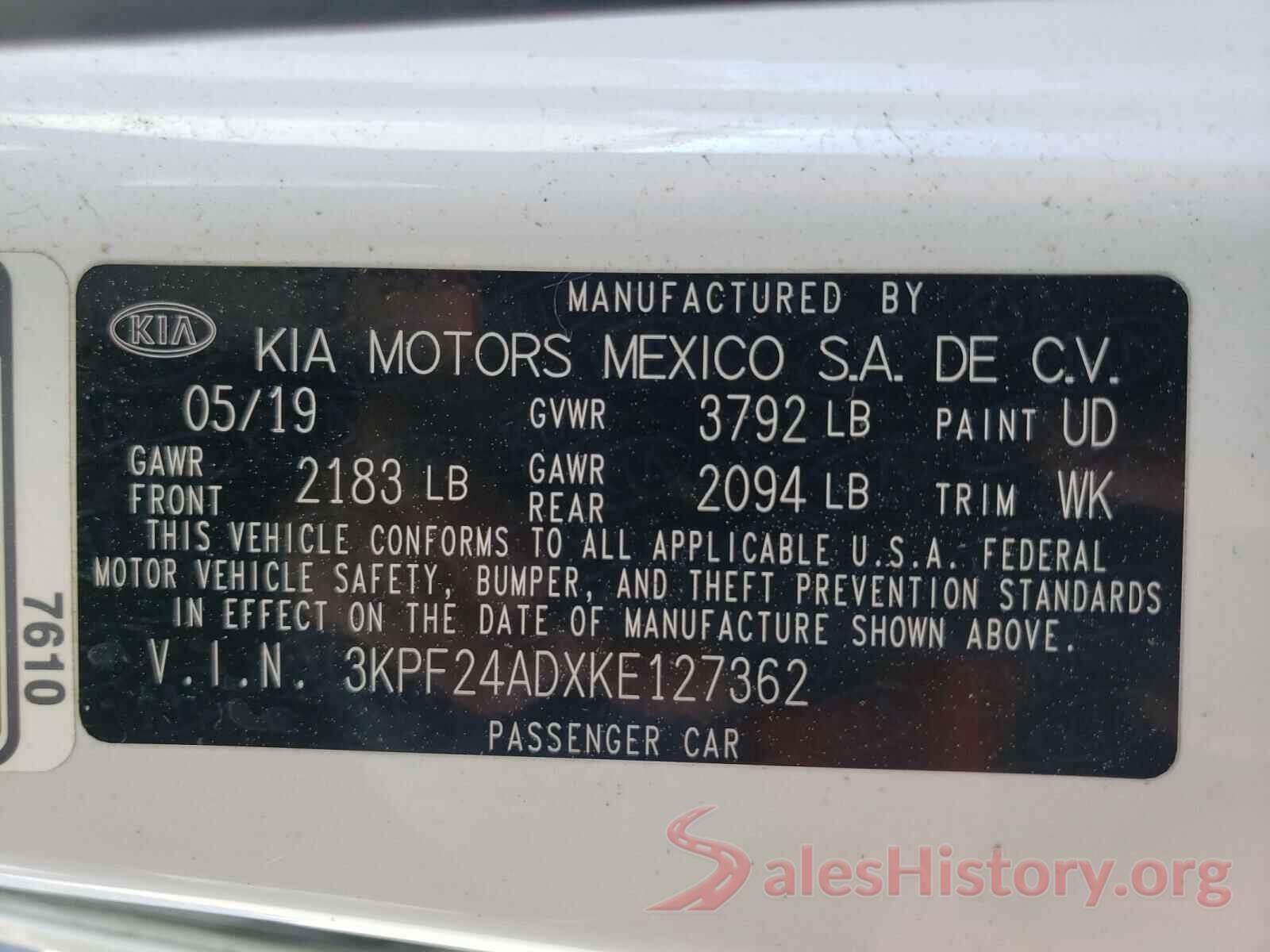 3KPF24ADXKE127362 2019 KIA FORTE