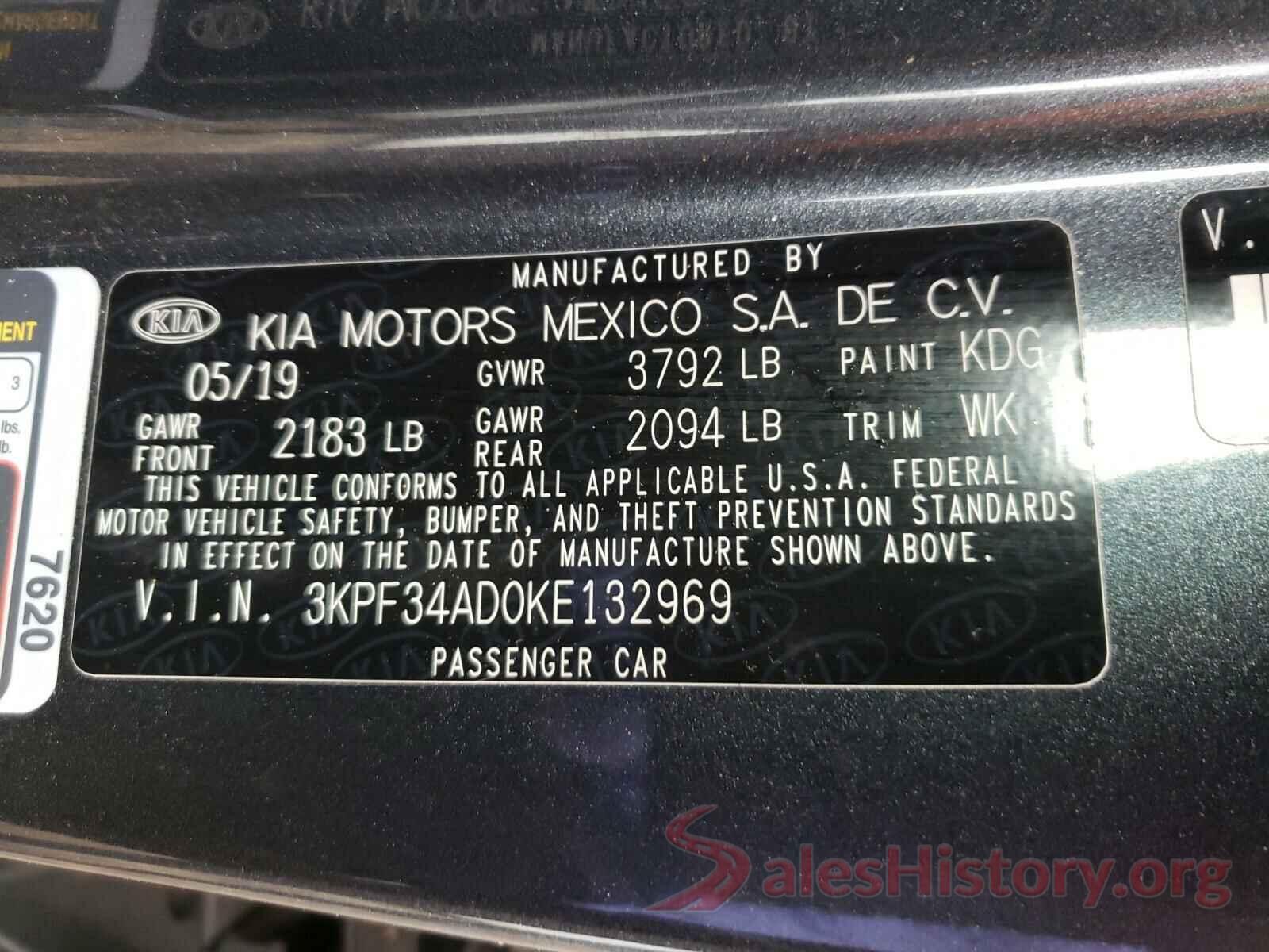 3KPF34AD0KE132969 2019 KIA FORTE