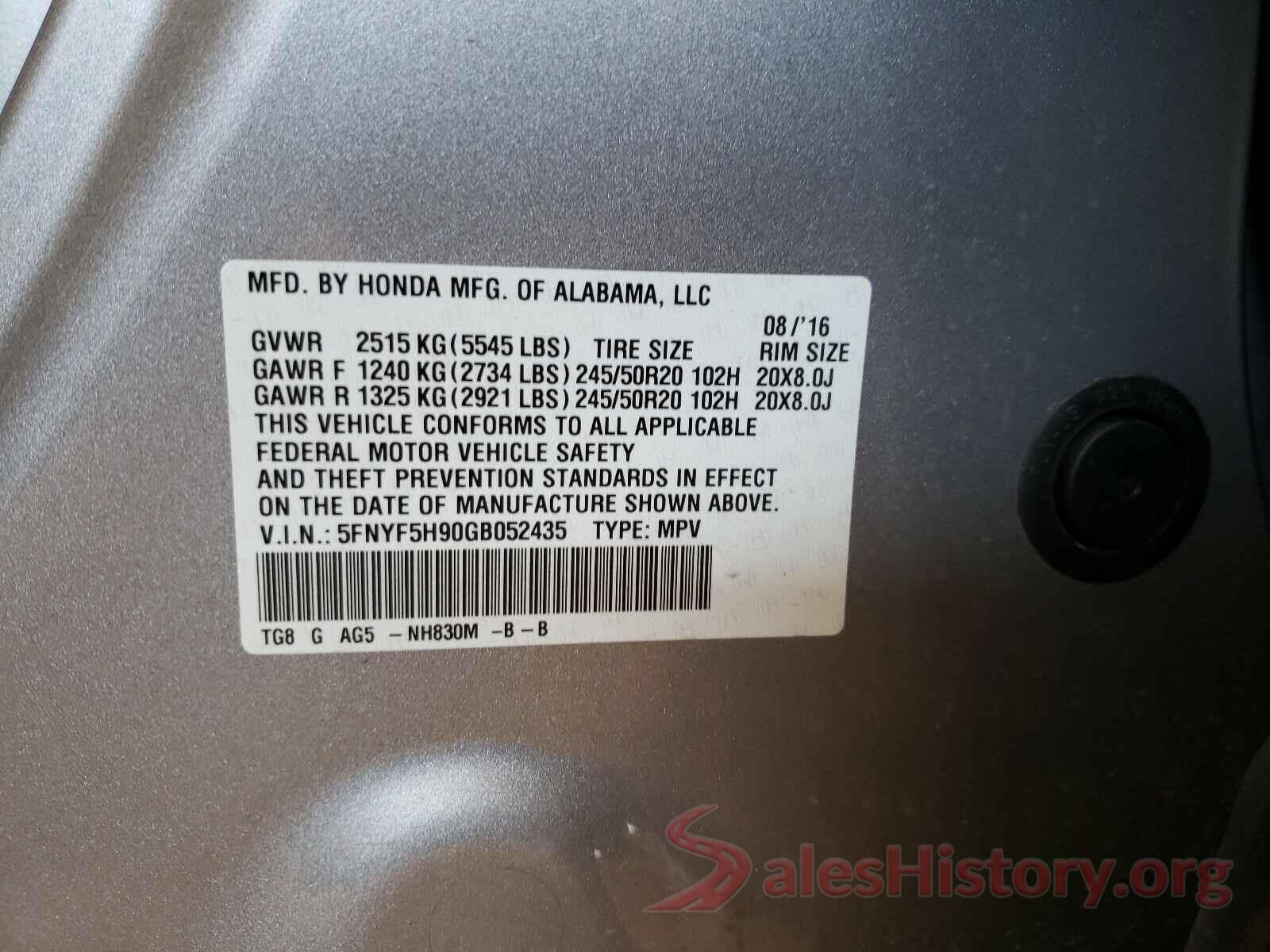 5FNYF5H90GB052435 2016 HONDA PILOT