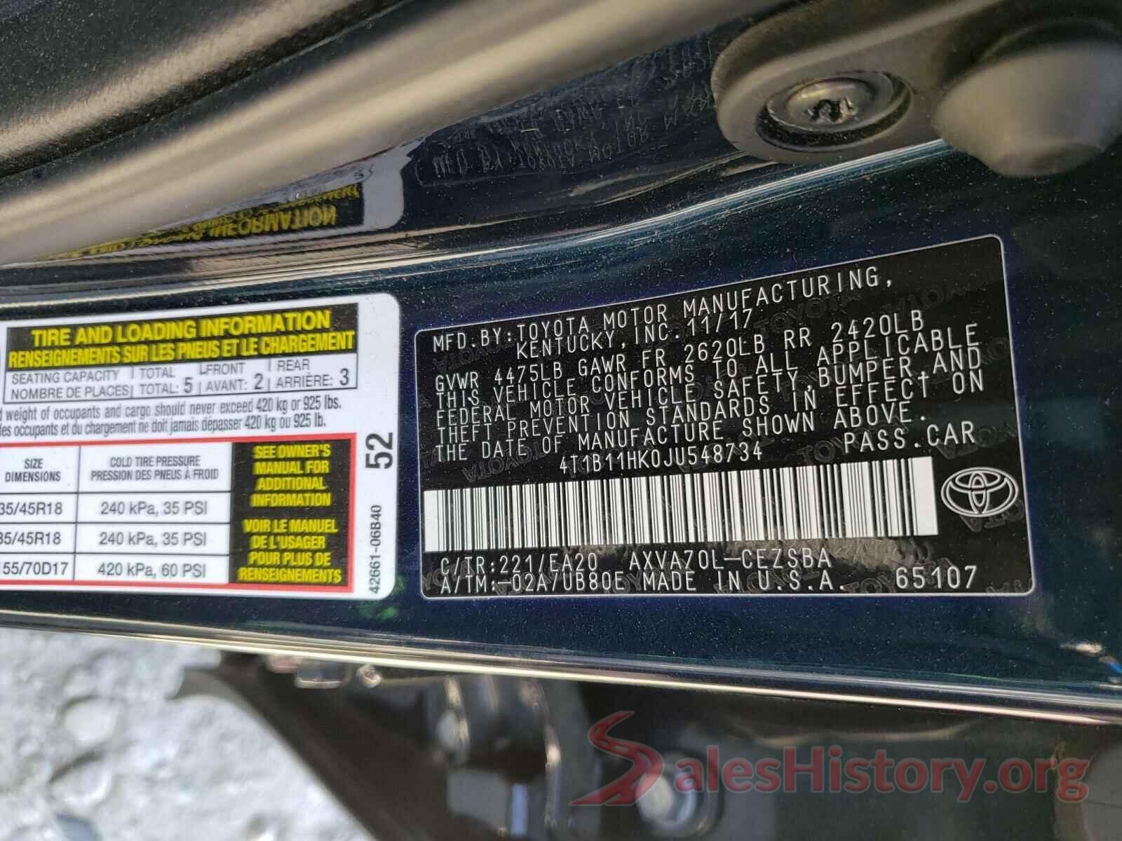 4T1B11HK0JU548734 2018 TOYOTA CAMRY