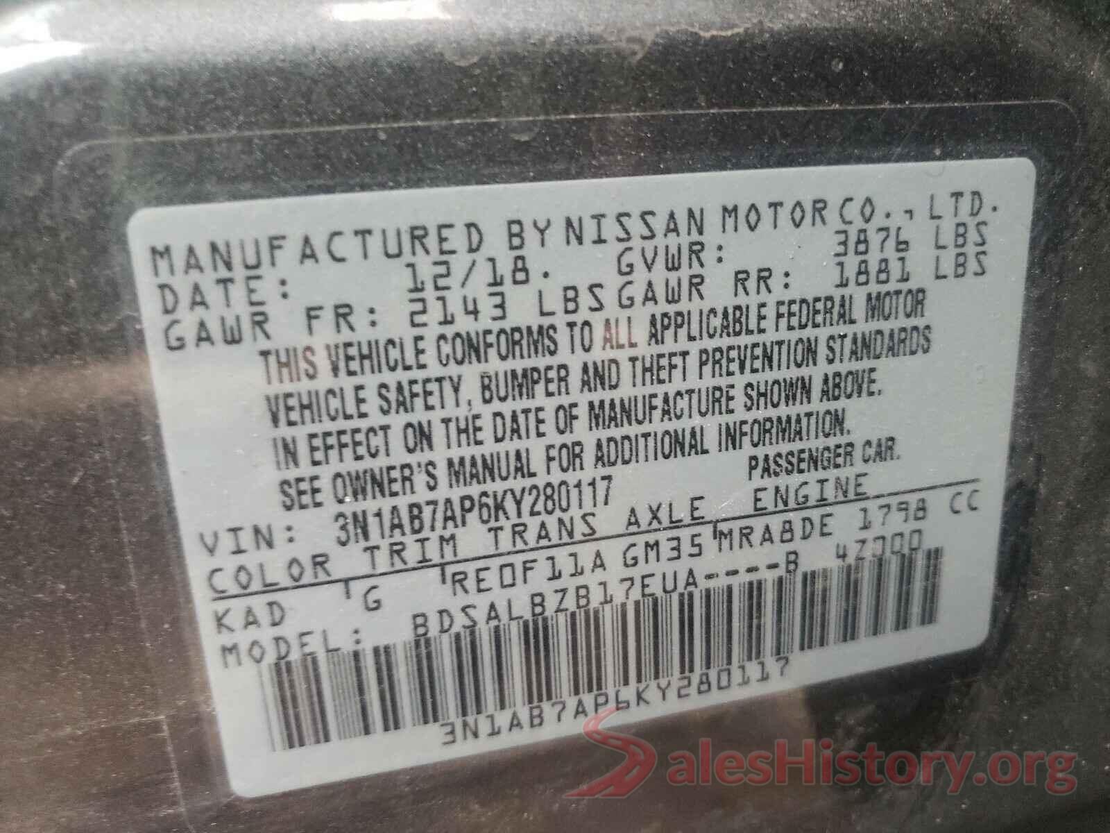 3N1AB7AP6KY280117 2019 NISSAN SENTRA