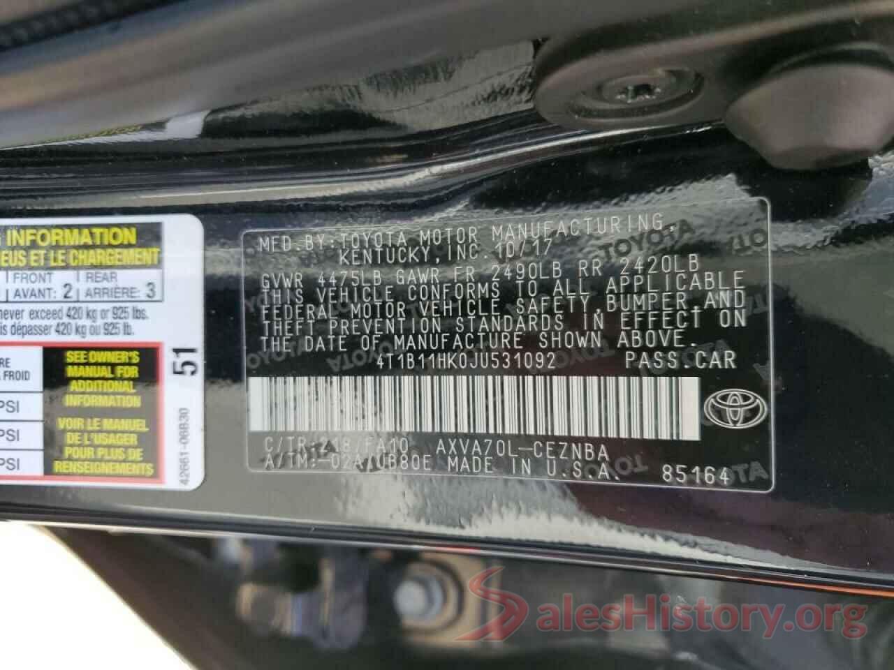 4T1B11HK0JU531092 2018 TOYOTA CAMRY