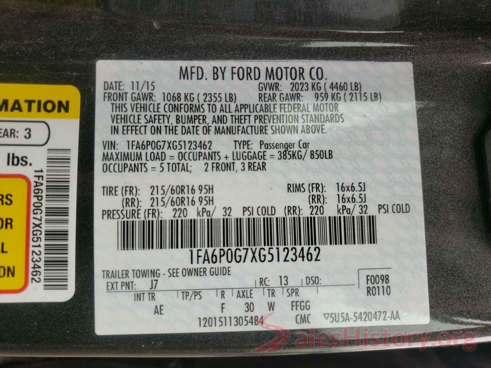 1FA6P0G7XG5123462 2016 FORD FUSION