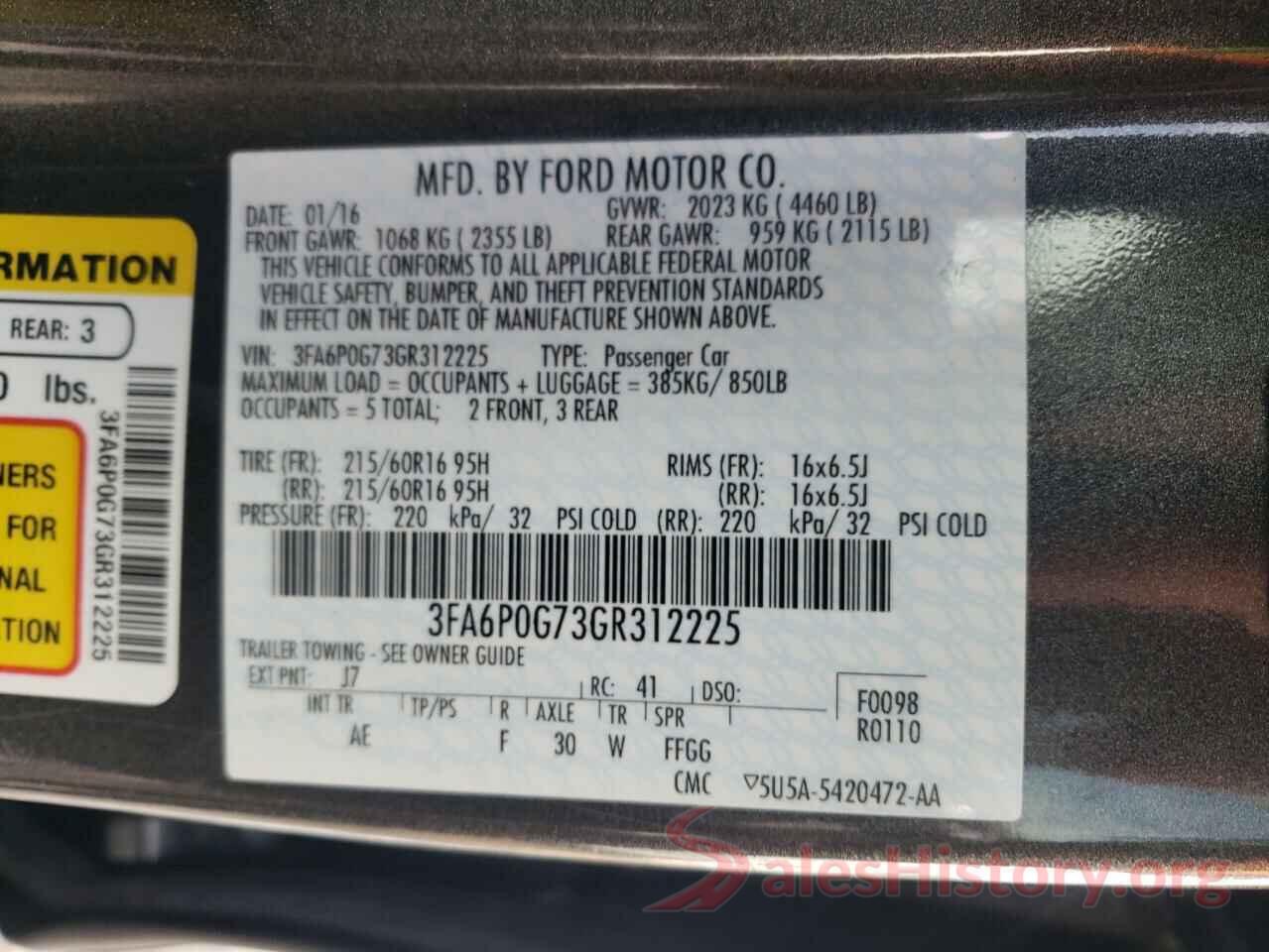 3FA6P0G73GR312225 2016 FORD FUSION