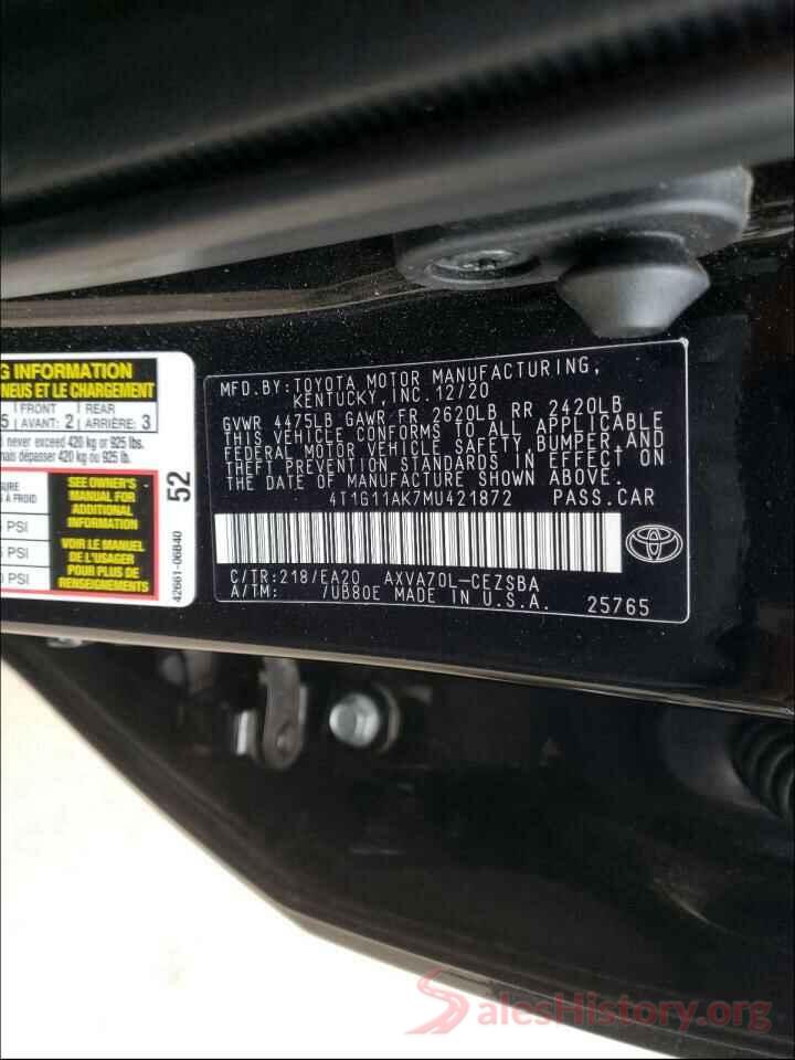 4T1G11AK7MU421872 2021 TOYOTA CAMRY