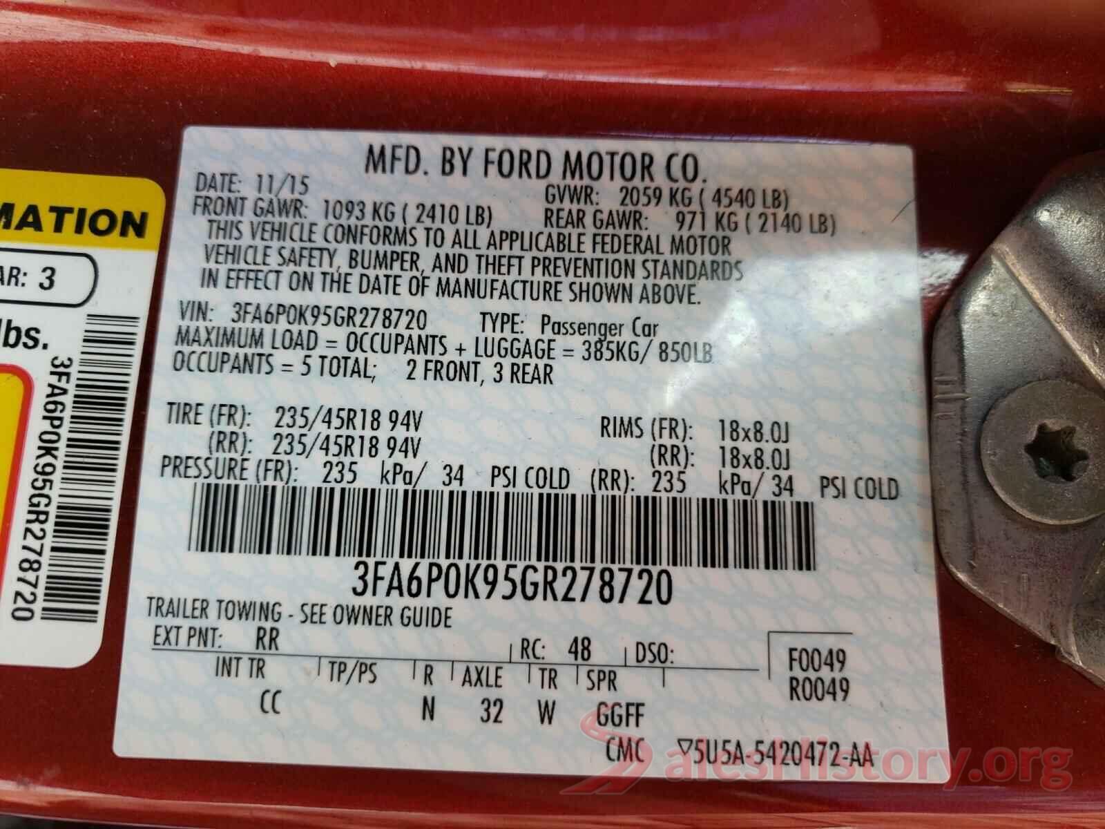 3FA6P0K95GR278720 2016 FORD FUSION