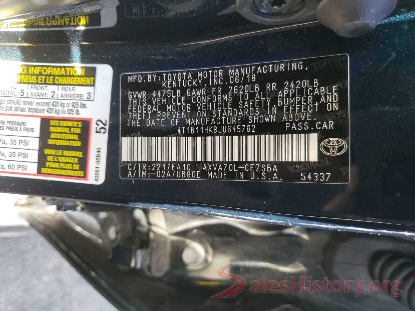 4T1B11HK8JU645762 2018 TOYOTA CAMRY