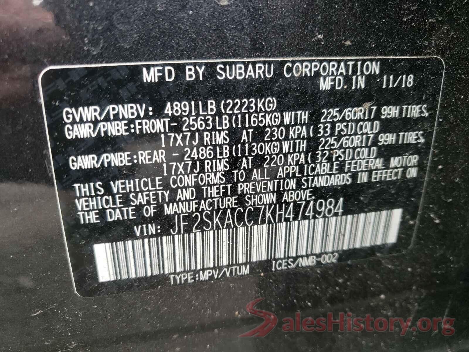 JF2SKACC7KH474984 2019 SUBARU FORESTER