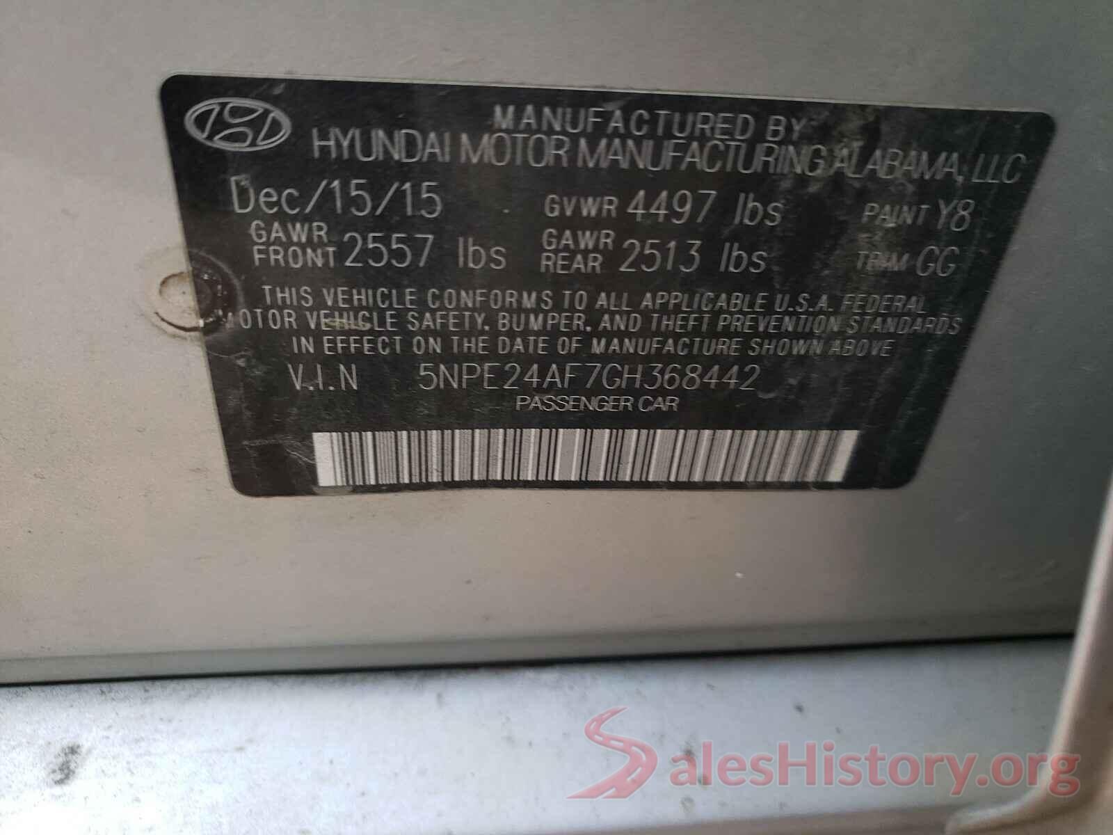 5NPE24AF7GH368442 2016 HYUNDAI SONATA