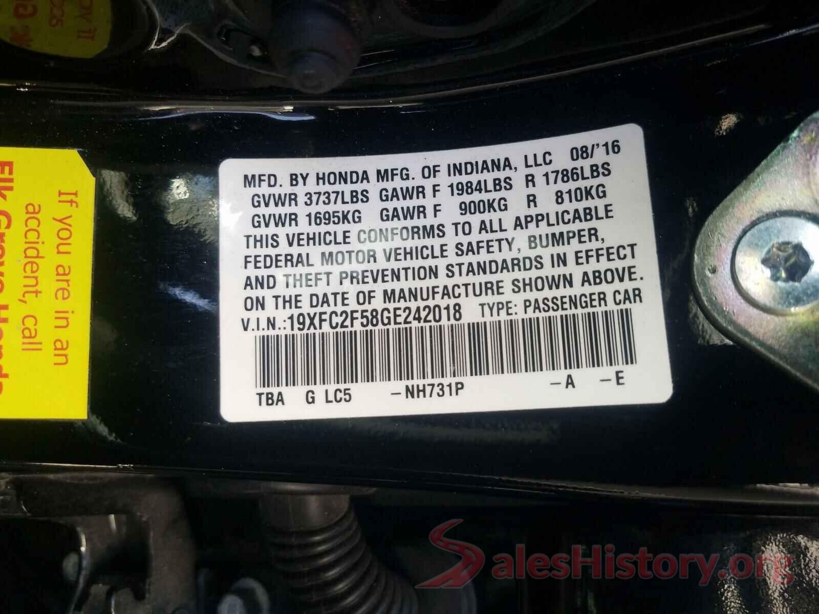 19XFC2F58GE242018 2016 HONDA CIVIC