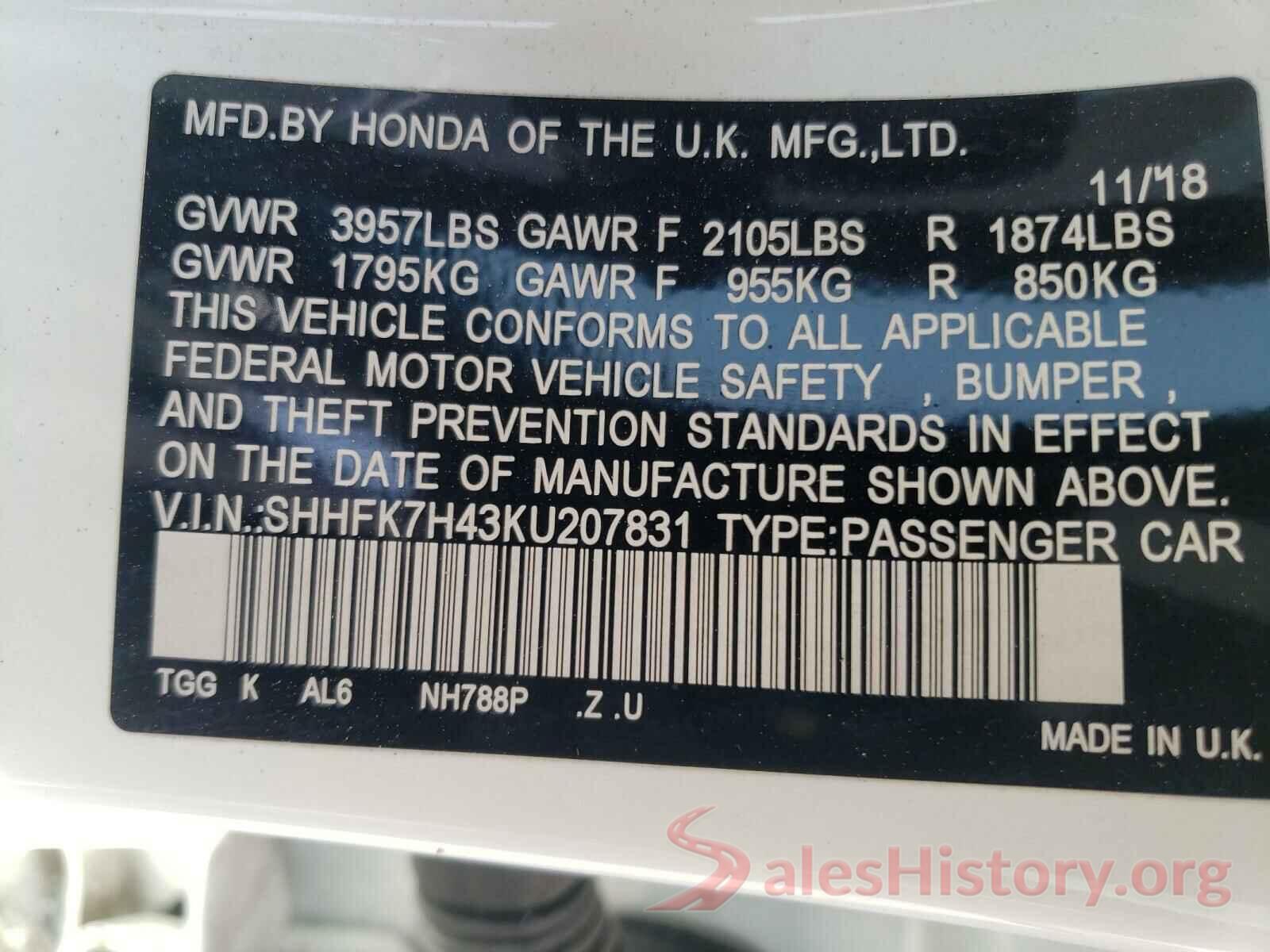 SHHFK7H43KU207831 2019 HONDA CIVIC