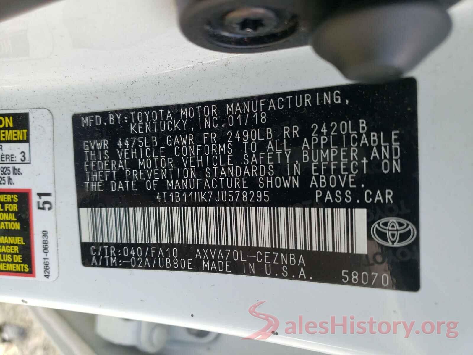 4T1B11HK7JU578295 2018 TOYOTA CAMRY