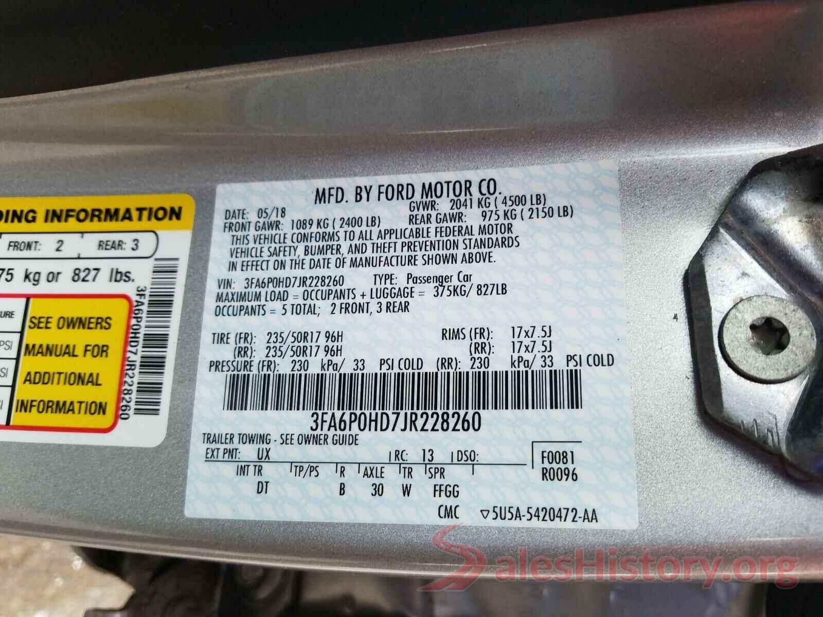 3FA6P0HD7JR228260 2018 FORD FUSION