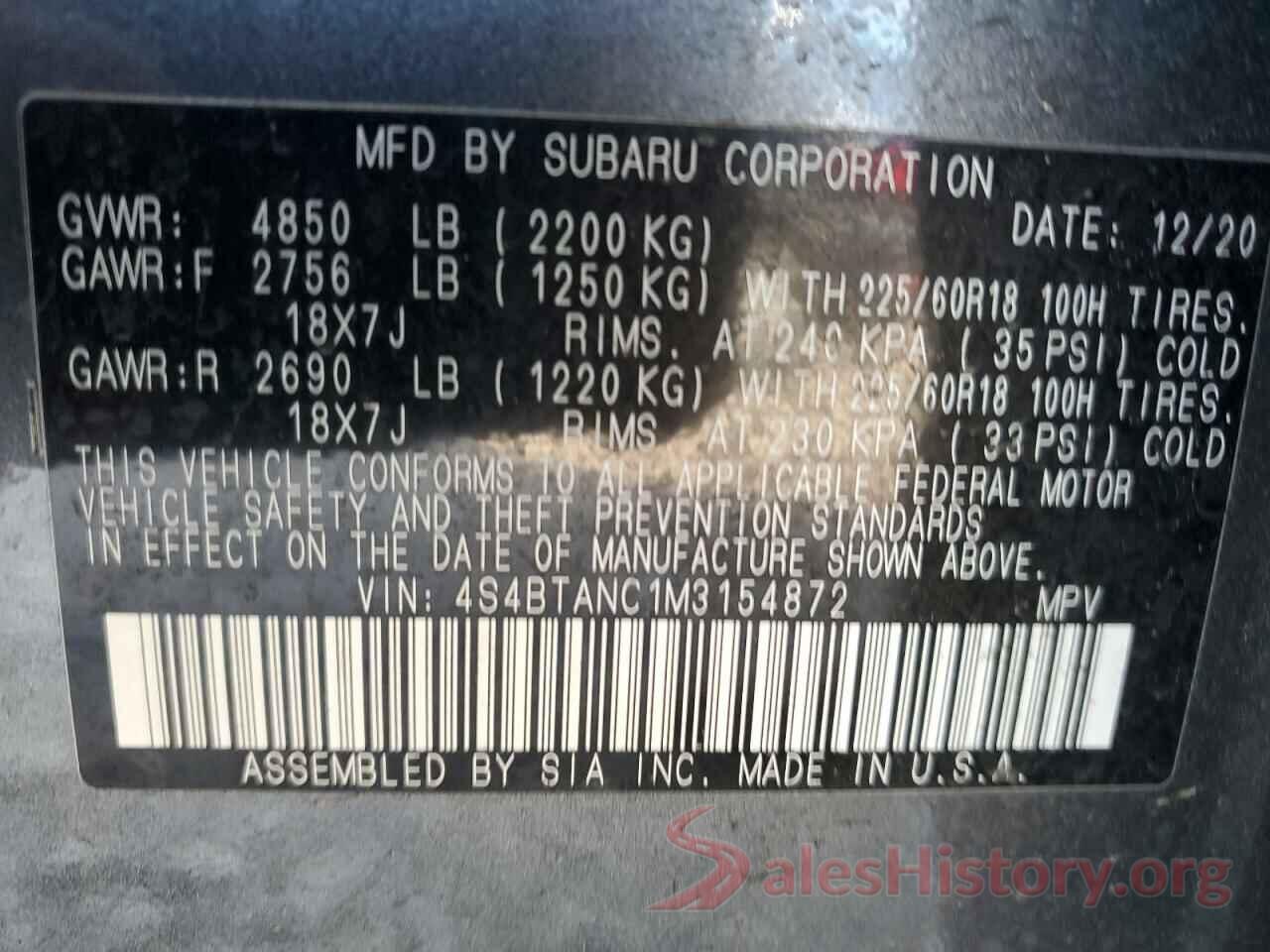 4S4BTANC1M3154872 2021 SUBARU OUTBACK