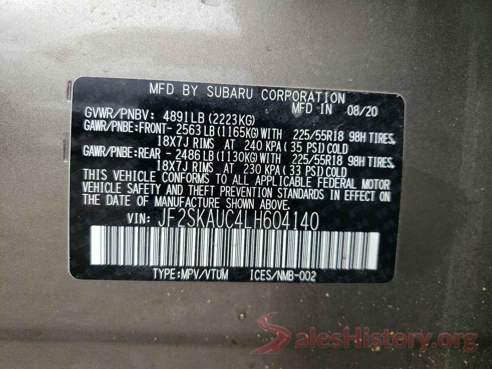 JF2SKAUC4LH604140 2020 SUBARU FORESTER