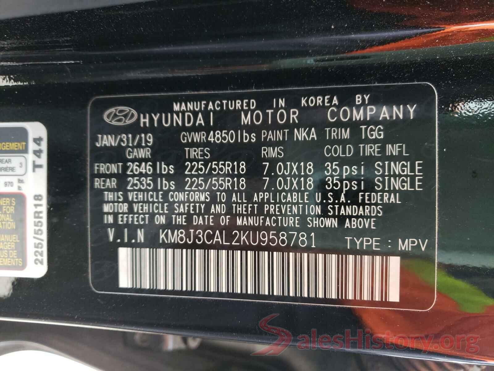 KM8J3CAL2KU958781 2019 HYUNDAI TUCSON