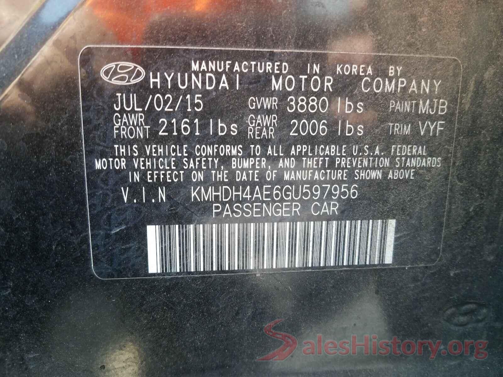 KMHDH4AE6GU597956 2016 HYUNDAI ELANTRA