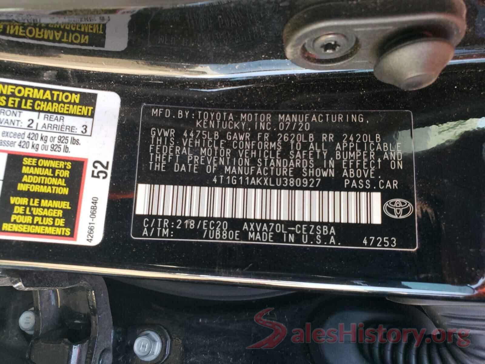 4T1G11AKXLU380927 2020 TOYOTA CAMRY