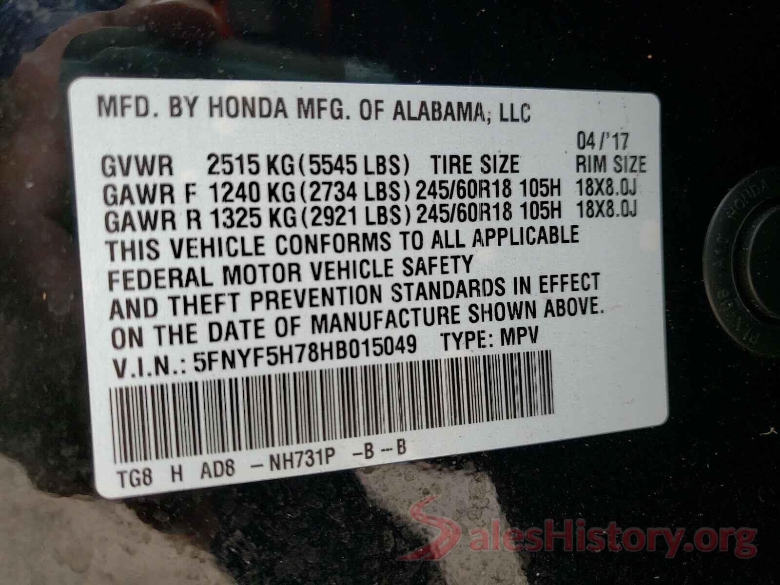 5FNYF5H78HB015049 2017 HONDA PILOT