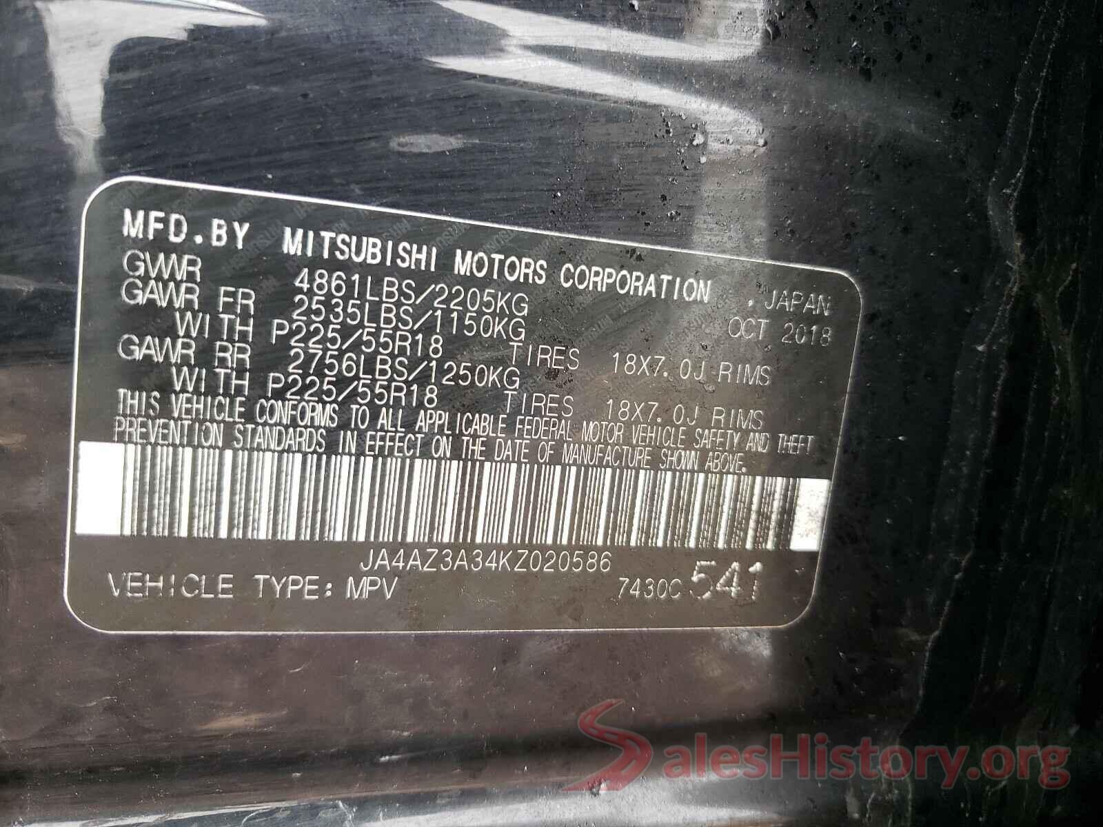 JA4AZ3A34KZ020586 2019 MITSUBISHI OUTLANDER