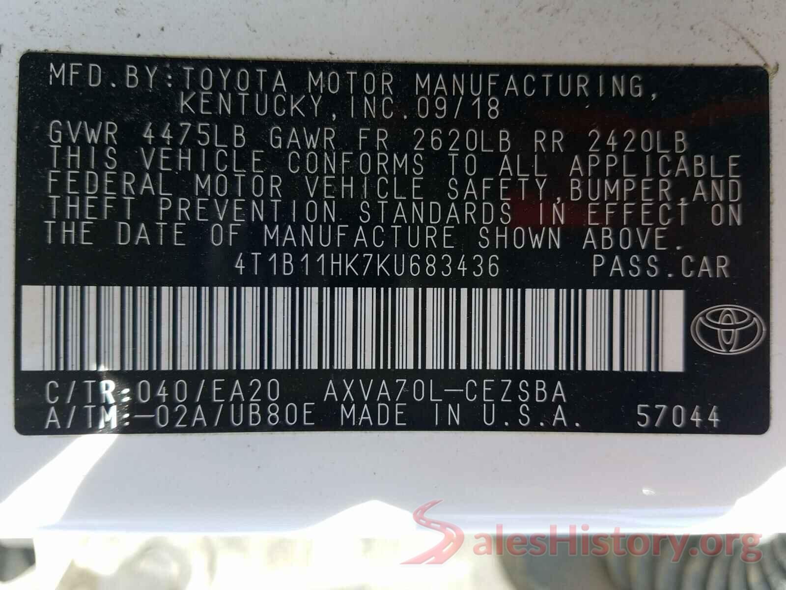 4T1B11HK7KU683436 2019 TOYOTA CAMRY