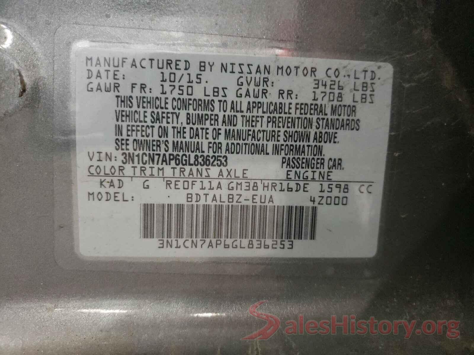 3N1CN7AP6GL836253 2016 NISSAN VERSA