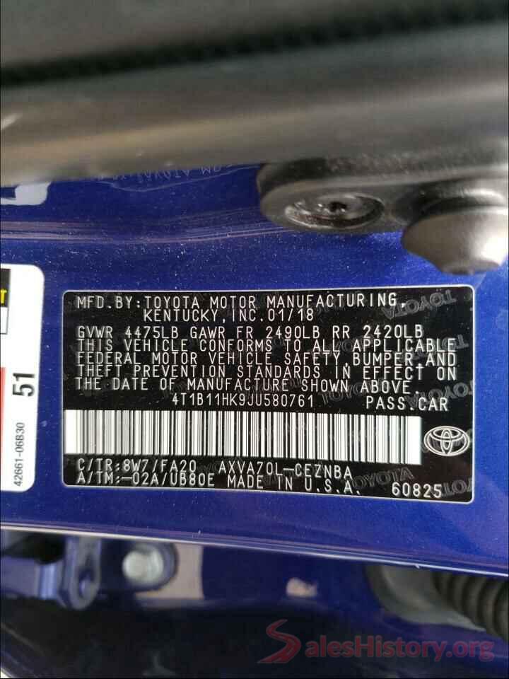 4T1B11HK9JU580761 2018 TOYOTA CAMRY