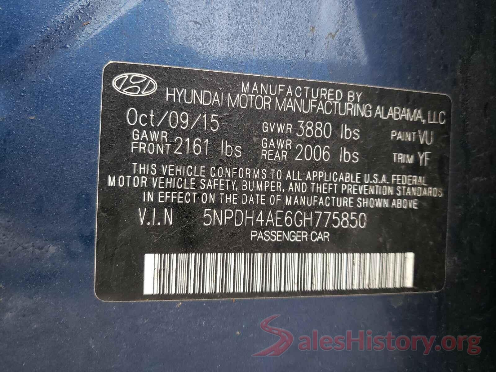 5NPDH4AE6GH775850 2016 HYUNDAI ELANTRA