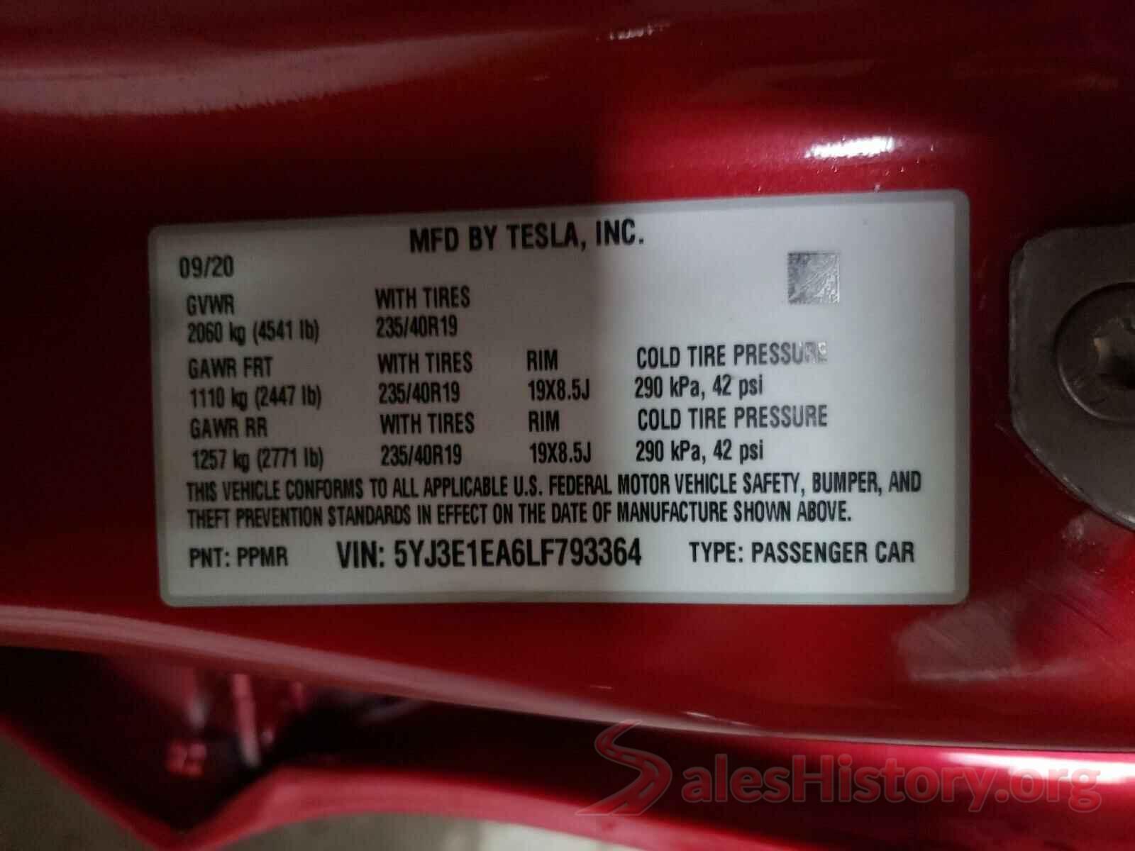 5YJ3E1EA6LF793364 2020 TESLA MODEL 3