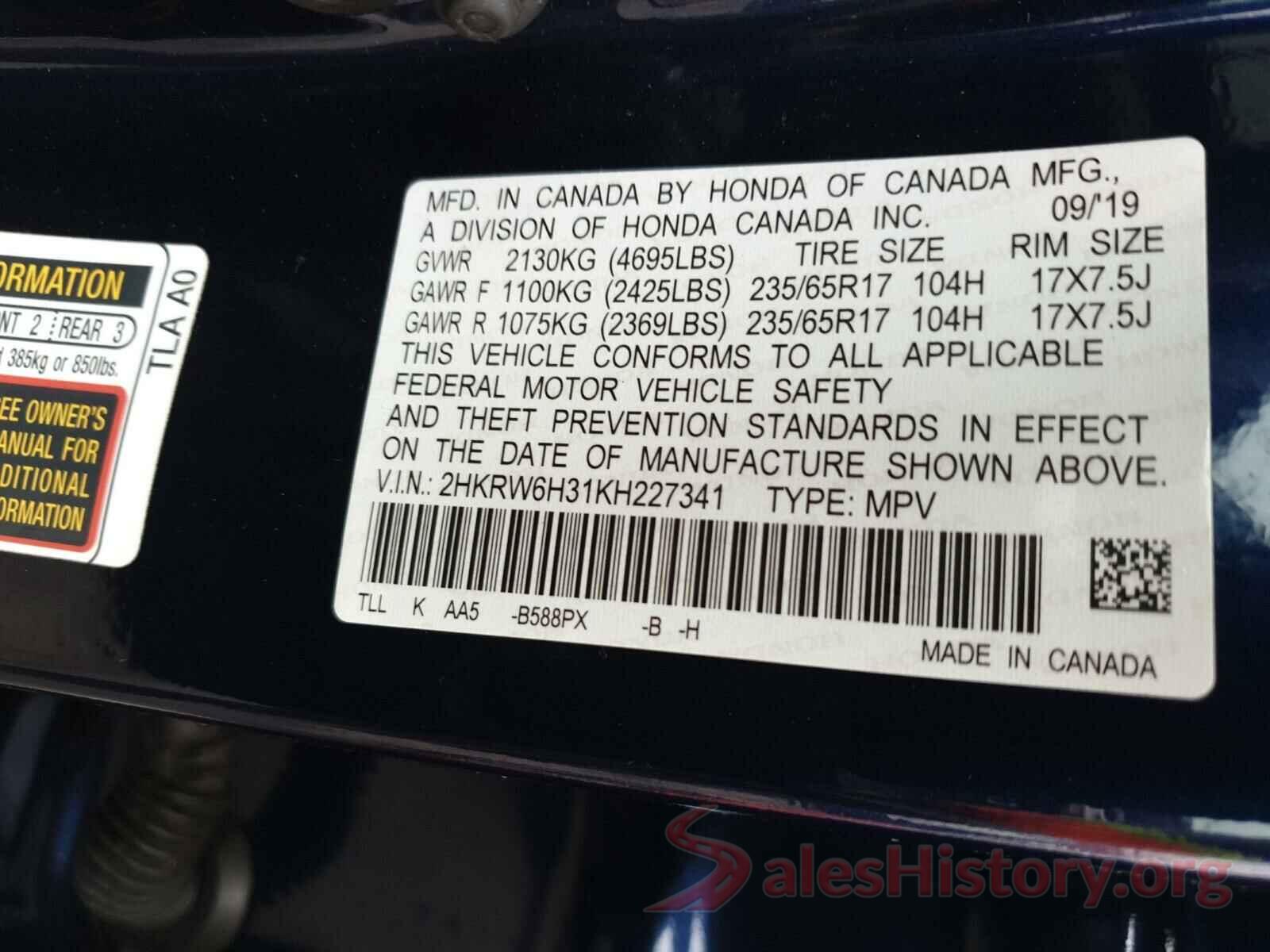 2HKRW6H31KH227341 2019 HONDA CRV