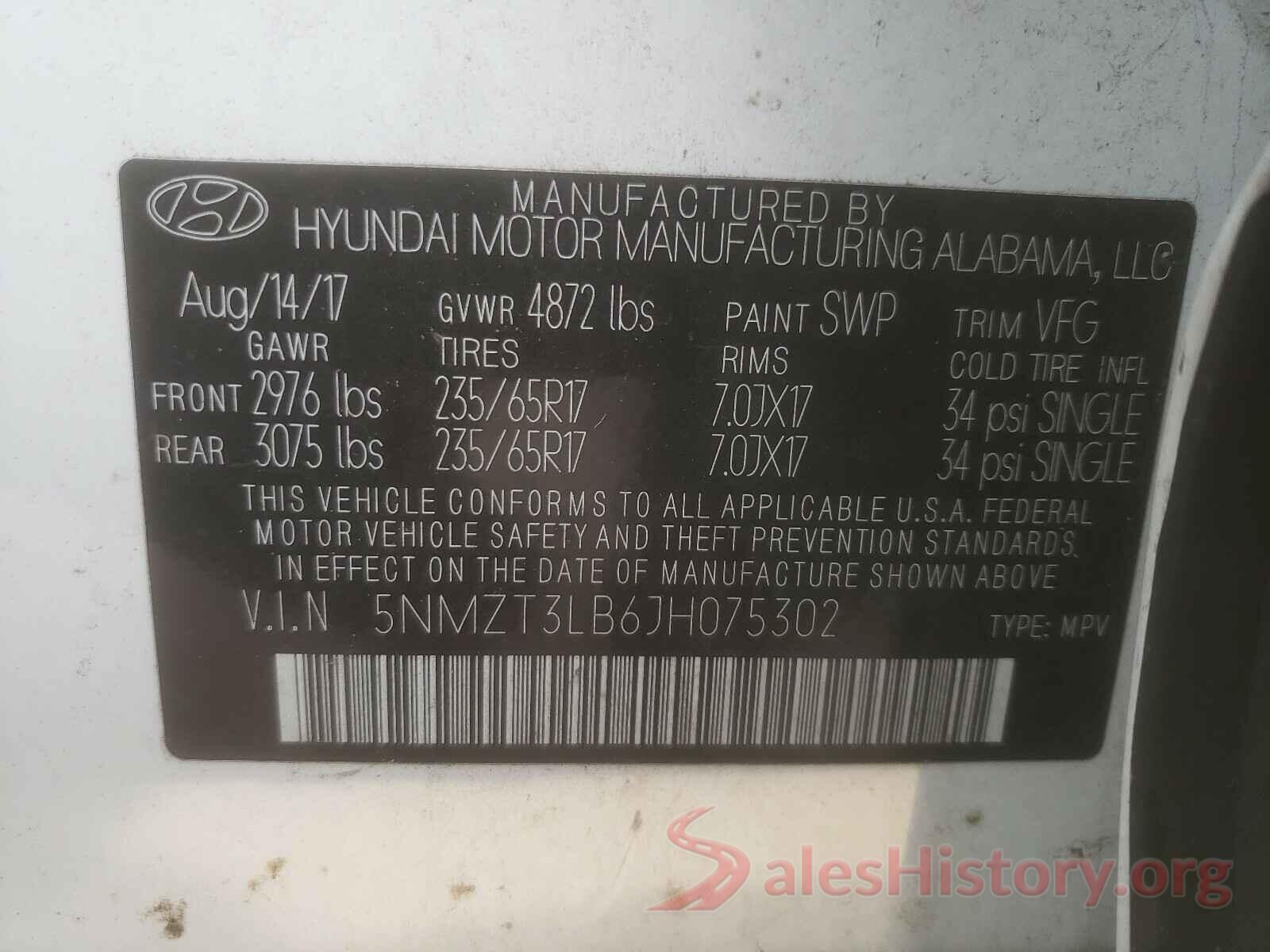 5NMZT3LB6JH075302 2018 HYUNDAI SANTA FE