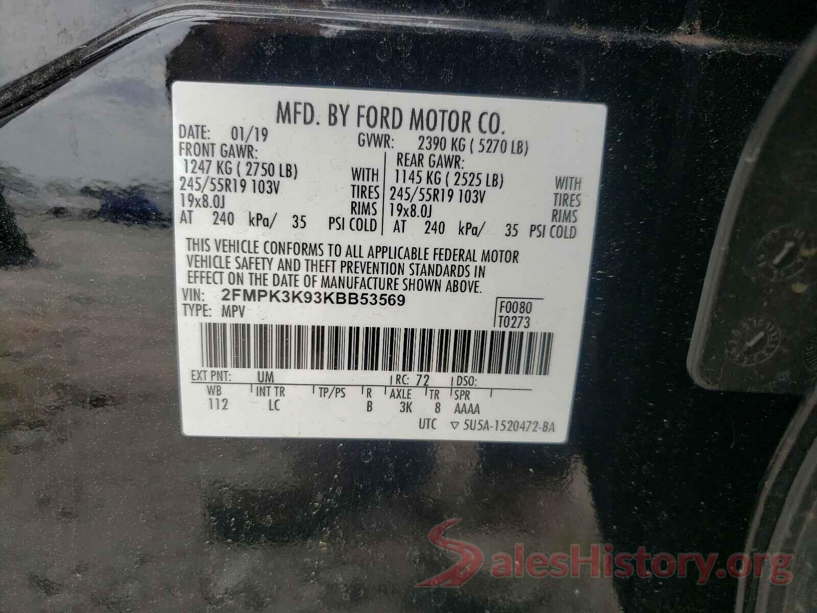 2FMPK3K93KBB53569 2019 FORD EDGE