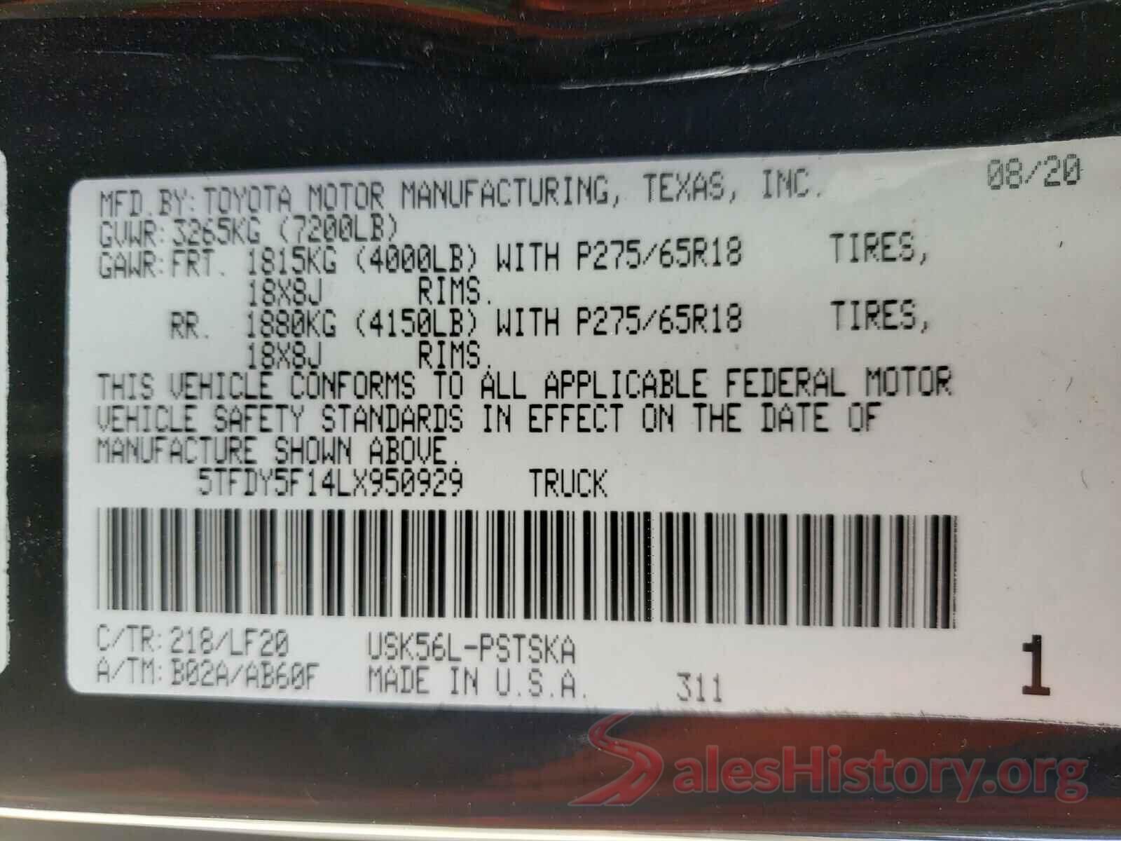 5TFDY5F14LX950929 2020 TOYOTA TUNDRA