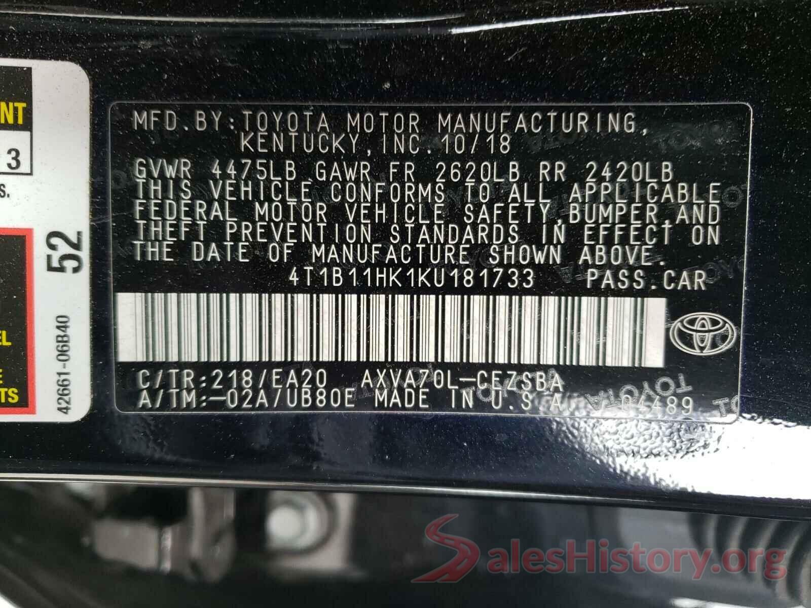 4T1B11HK1KU181733 2019 TOYOTA CAMRY